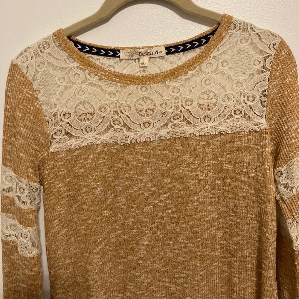 Rewind Top Mustard Ribbed With Lace Long Small